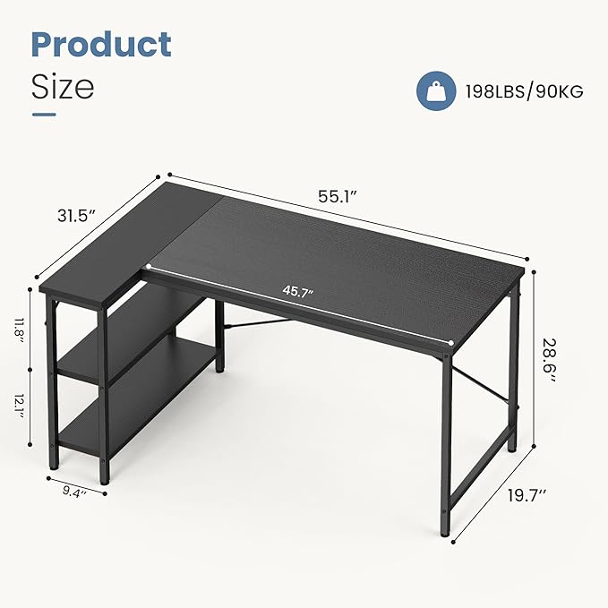 DUMOS L Shaped Desk 55 Inch Computer Desk Gaming Furniture Corner Desks Home Office PC Table with Reversible Storage Shelves for Writing Working Study Bedroom Dorm, Modern Black