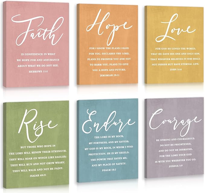 CHDITB Faith Hope Love Bible Verse Wall Art, Set Of 6 Prints Religious Prayer Wall Art, Scripture Quote Canvas Painting, 8x10 Inches Bible Saying Artwork Christian Art Prints For Living Room Bedroom