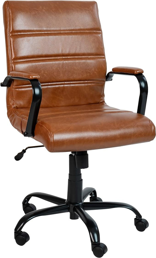 Flash Furniture Whitney Mid-Back Desk Chair - Brown LeatherSoft Executive Swivel Office Chair with Black Frame - Swivel Arm Chair