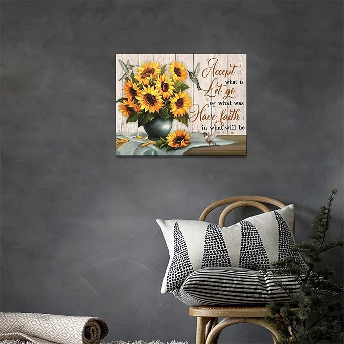 Farmhouse Sunflower Wall Art Country Sunflower Hummingbird Pictures Wall Decor Rustic Sunflower Canvas Painting Modern Artwork Home Decorations for Bathroom Dining Room Kitchen Bedroom Office Framed