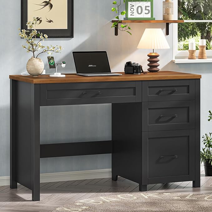 Farmhouse 47" Executive Desk with 4 Drawers, Computer Desk with File Drawer and Charging Station, Workstation for Home Office, Study.Black Brown