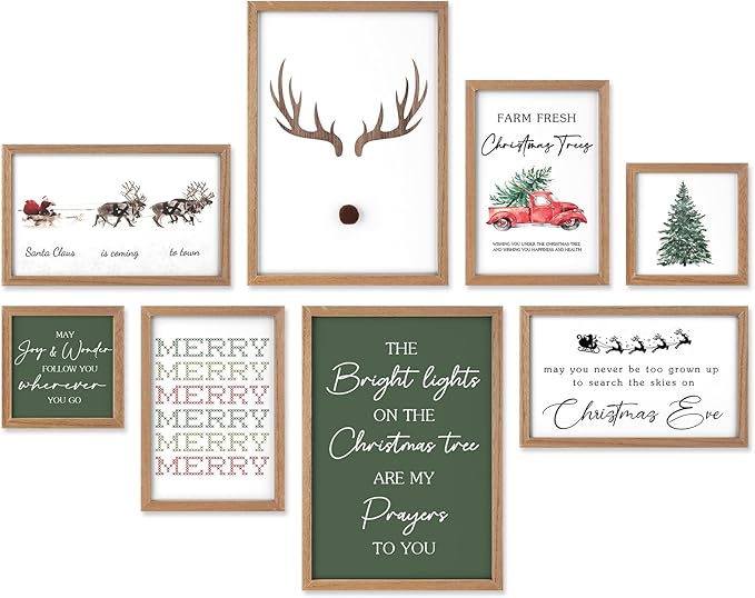 Faccito 8 Set Christmas Wall Art Decor Merry Christmas Wooden Framed Art Decor Xmas Elk Wall Decoration for Home Gallery Large Winter Decoration for Kitchen Bedroom Bathroom Living Room