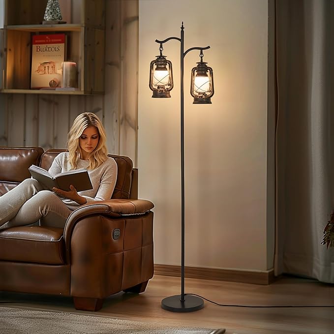 3-Way Lighting Dual Head Farmhouse Floor Lamp, Heavy-Duty Metal Farmhouse Design with Rock-Solid Base, Vintage Standing Lamp for Living Room, Bedroom - Rustic Black Brown Finish