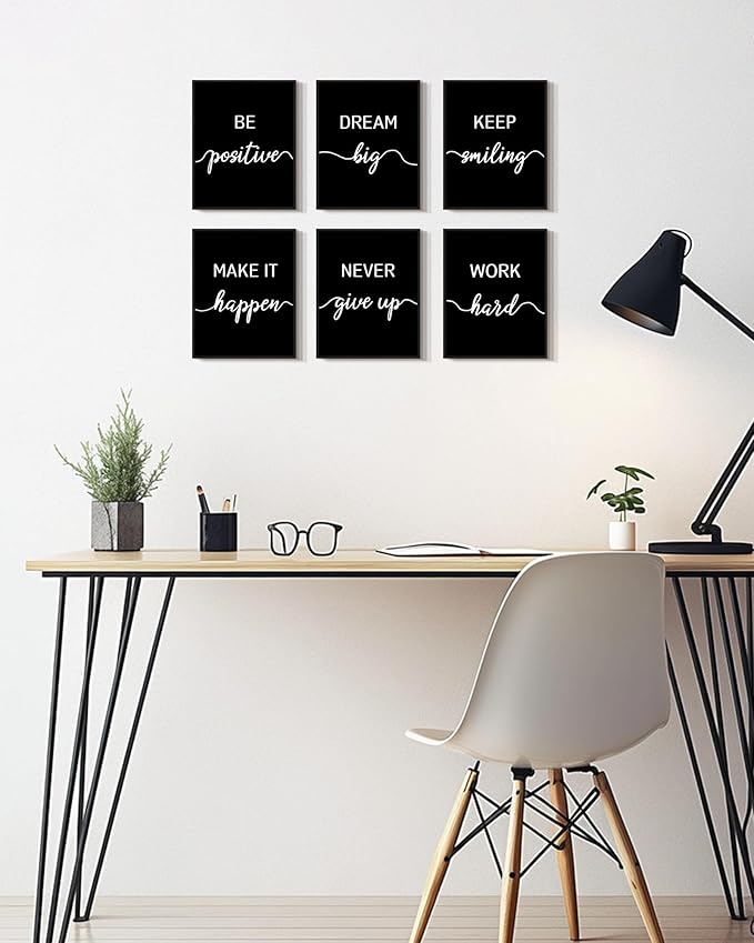 KUVIOKE Inspirational Office Wall Decor Motivational Quotes Framed Wall Art Encouraging Positive Affirmations Sayings for Kids Classroom Bedroom Ready to Hang Set of 6, 8x10in (Black Framed)