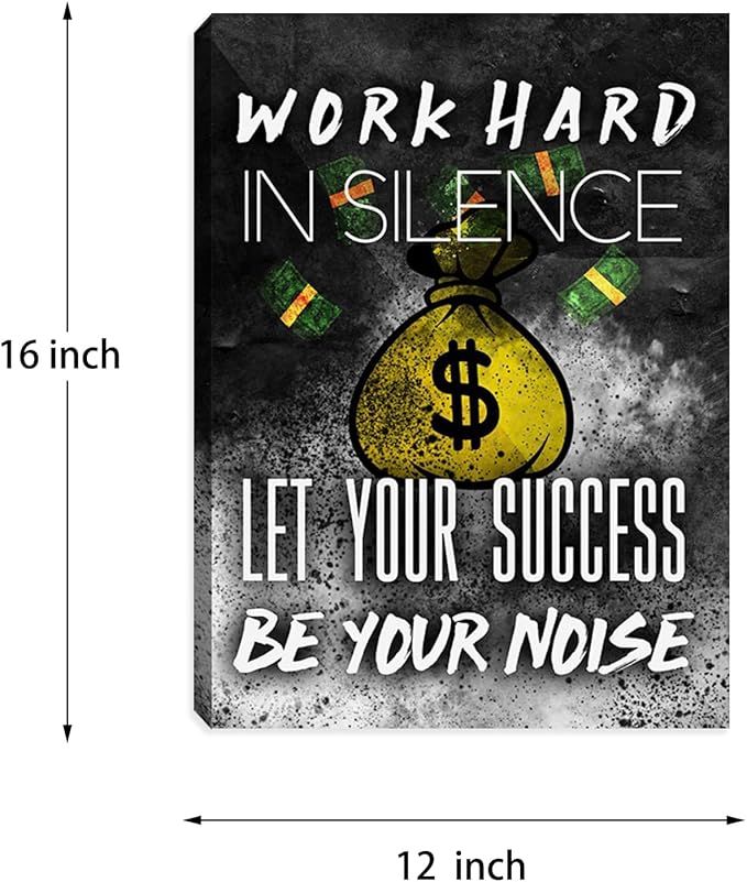 Motivational Success Wall Art Inspirational Work Hard Picture Poster Prints Art Painting Black and White Positive Office Wall Decor Wall Decorations for Home Living Room Bedroom Framed 12"x16"