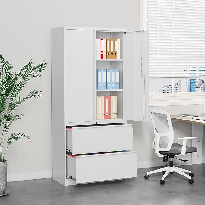 2 Drawer Lateral File Cabinet, Office Storage Cabinet with 2 Wide&Deep Drawers and Locking Doors, White Metal Cabinet with Adjustable Shelves for Home Office, Fits A4/Letter/Legal Size Folders