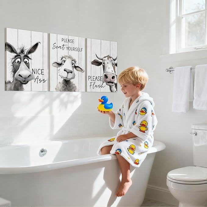 3 Pieces Funny Bathroom Art Funny Wall Art Modern Farmhouse Quote Bathroom Pictures Wall Decor Featuring Horse Sheep Cow Artwork Animal Pictures, with Wooden Frame Easy to Hang (20x28 Inch x3)