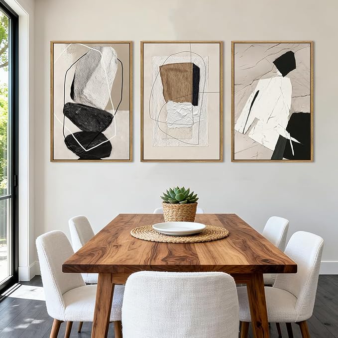 ANHUIB Large Abstract Wall Art Canvas,Black Beige Artwork,NeutralModern Framed Wall Art, Minimalist Geometric Painting,24x36 Inches Set of 3 for Living Room Bedroom