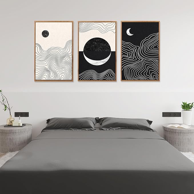 CHDITB Abstract Moon Phases Framed Canvas Art Prints Set(16"x24"), 3 Panels Modern Neutral Black and White Artwork Painting, Large Boho Minimalist Fine Line Wall Art Home Decor for Bedroom Living Room