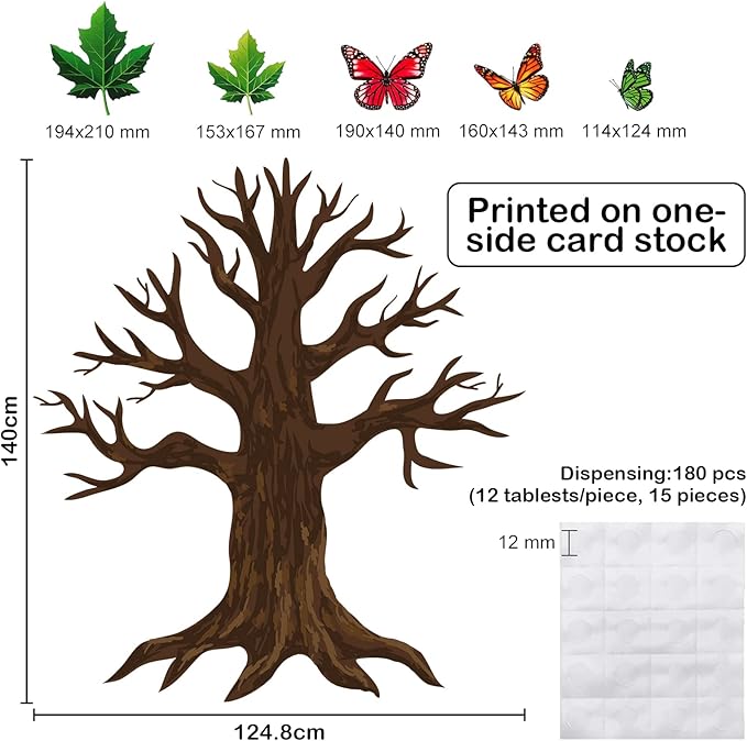 60 Pieces 70 x 55 Inch Classroom Big Tree Bulletin Board Set with Leaves and Butterflies, Woodland Whimsy Decor with 180 Pieces Removable Glue Point Dots for School Decoration (Light Green Leaves)