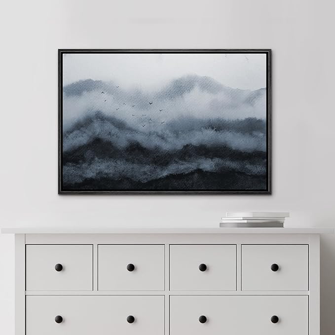 MUDECOR Framed Canvas Print Wall Art Peaceful Mountain Mist with Flying Birds Soft Watercolor Landscape Illustrations Minimalism Decorative Relax for Living Room, Bedroom, Office - 24"x36" BLACK