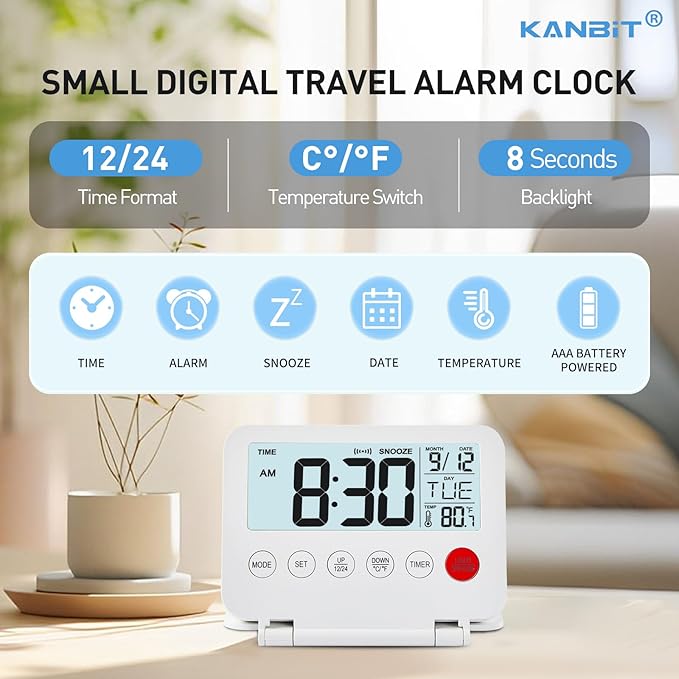 Small Digital Travel Alarm Clock, Large LCD Display Front Button with Date & Temperature, Snooze and 8 Seconds Backlight AAA Battery Operated Desk Clock for Home & Office, White