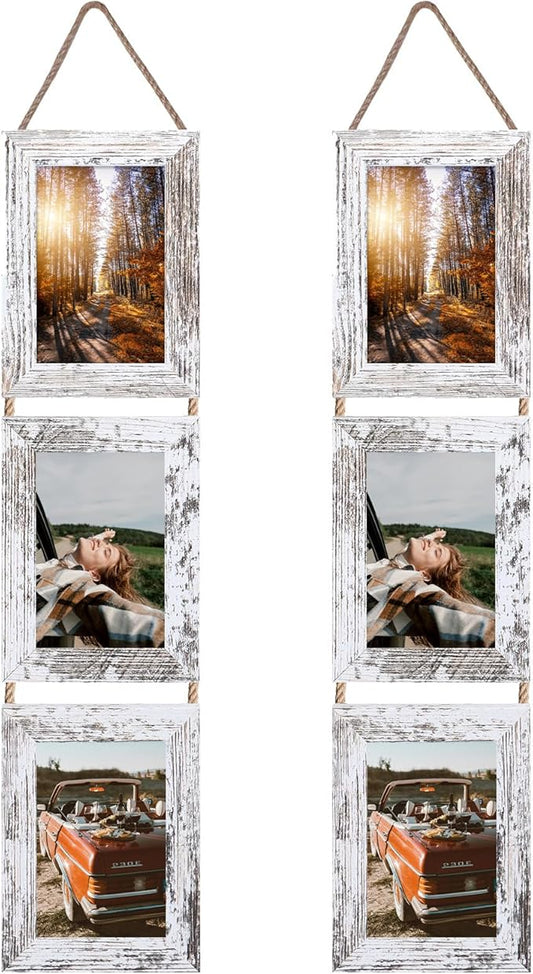 Lavezee 4x6 Collage Hanging Triple Picture Frames Set, 6 Opening Distressed White Vertical Frame Made to Display 4 by 6 Inch Photo Prints for Wall Decor