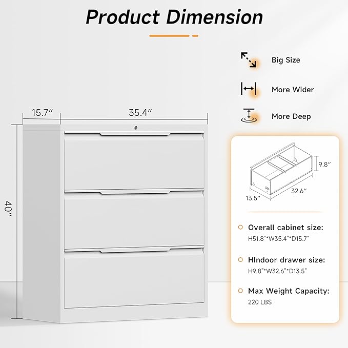 Bestoo 3-Drawer Lateral File Cabinet with Lock, Metal Filing Cabinet for Home Office,3 Lateral Filing Storage Cabinets, Fits File Folders, Letter/Legal/F4/A4 Size, Assembly Required (White)