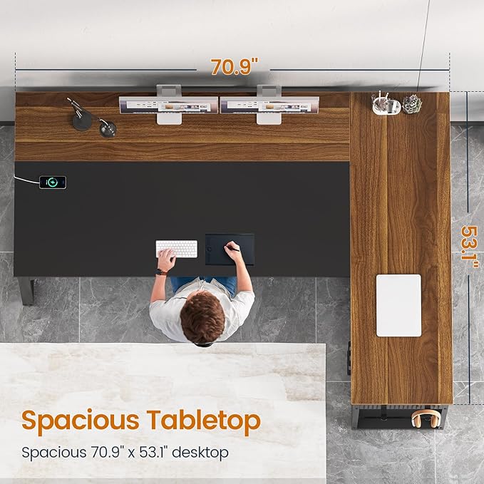 71 in Executive Desk with Power Outlets, Reversible L Shaped Computer Desk with File Drawers & Storage Shelves, Large Office Desk with Pegboard, Mobile CPU Stand, Modern Corner Desk (Walnut)