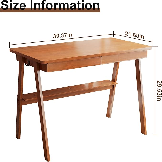 Solid Wood Desk with Drawers - 39.4 Inch Mid Century Modern Desks with Storage Shelf, Small Writing Desk for Small Spaces, Home Office Desks for Bedroom & Home, Walnut Color