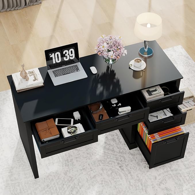 Vabches 55" Farmhouse Home Office Desk with File Drawer, Executive Computer Desk with 4 Storage Drawers, Rustic Computer Desk for Working, Studying, Writing, Black