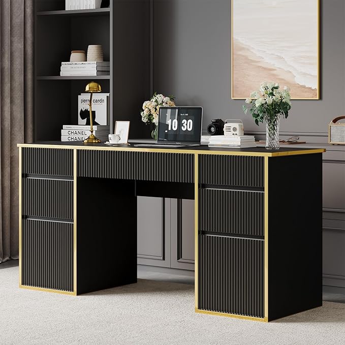 Black Computer Desk with Drawers, 58 Inch Home Office Desk with File Drawers for Bedroom, Executive Desk with Storage for Study, Black and Gold