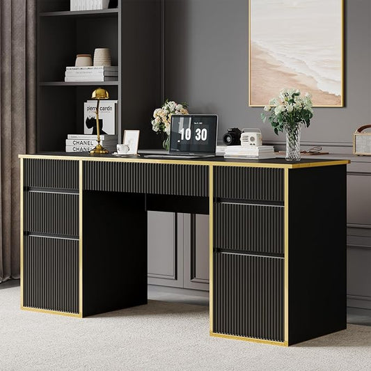 Black Computer Desk with Drawers, 58 Inch Home Office Desk with File Drawers for Bedroom, Executive Desk with Storage for Study, Black and Gold