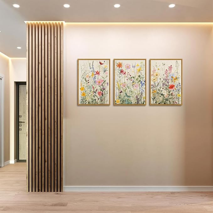 KISSFOX 3 Piece Watercolor Wildflower Botanical Framed Wall Art Colorful Floral Canvas Art Prints Boho Flower Pictures Wall Decor Modern Minimalism Paintings Artwork Girls Bedroom Living Room Bathroom