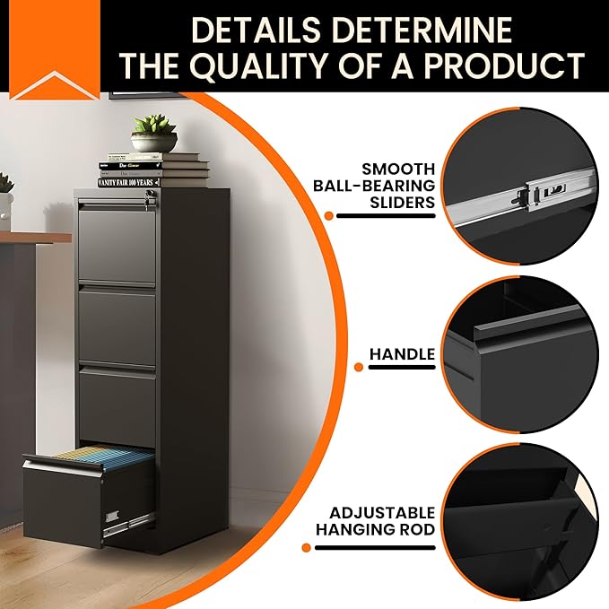 4 Drawer File Cabinet with Lock, Metal Filing Cabinet for Home Office, Vertical File Cabinet for Letter/Legal/A4/F4 Documents, Easy to Assemble Steel Storage Cabinet