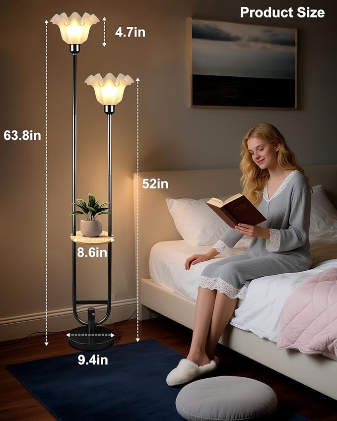 Dimmable Flower Floor Lamps with Table, 2-Lights Floral Floor Lamp, 3000K Warmwhite Candle Holder Style Modern Floor Lamp, Rustic Black Standing Lamp for Living Room Bedroom
