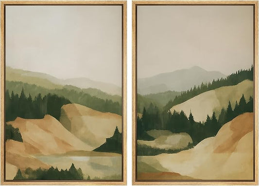SIGNWIN Framed Canvas Print Wall Art Set Green and Beige Forest Hills Nature Mountain Landscape Illustrations Modern Art Decorative Multicolor for Living Room, Bedroom, Office - 24"x36"x2 Natural
