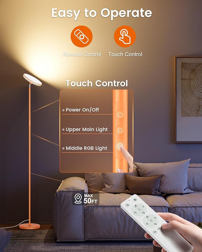 UFO LED Torchiere Floor Lamp with RGB Ambient Light, 42W 3700LM Bright Dimmable Sky Lamp,71in Modern Tall Standing Lamp with Remote Touch Control&Timer, Living Room Bedroom Office Gaming Room,Orange