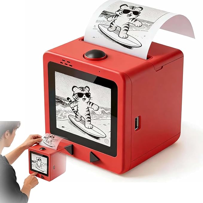 AI Sticker Box Printer, Smart AI Voice Sticker Printer Box Maker Mini Inkless Thermal Stickerbox Printer, Portable AI Sticker Maker for Home, Office, Study & DIY Projects, 5 Paper Rolls Included (A1)