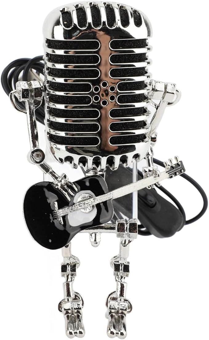 ZJchao Vintage Microphone Guitar Robot Table Lamp Aluminum Retro Metal Robot Night Light for Bedroom Desk Home Decor (Black)