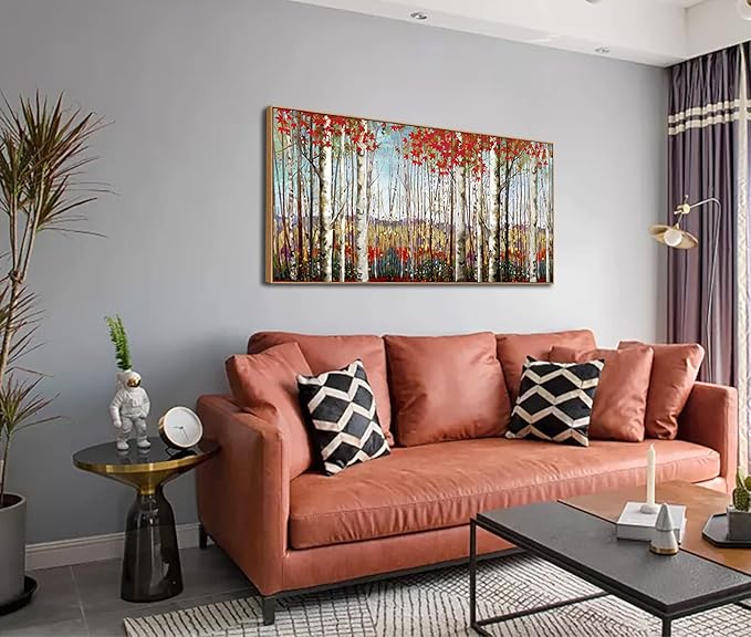 Large Canvas Wall Art - Framed Aspen Tree Oil Painting Style, Birch Tree Pictures for Living Room Wall Decor & Bedroom, 24x48 Modern Nature Artwork for Walls