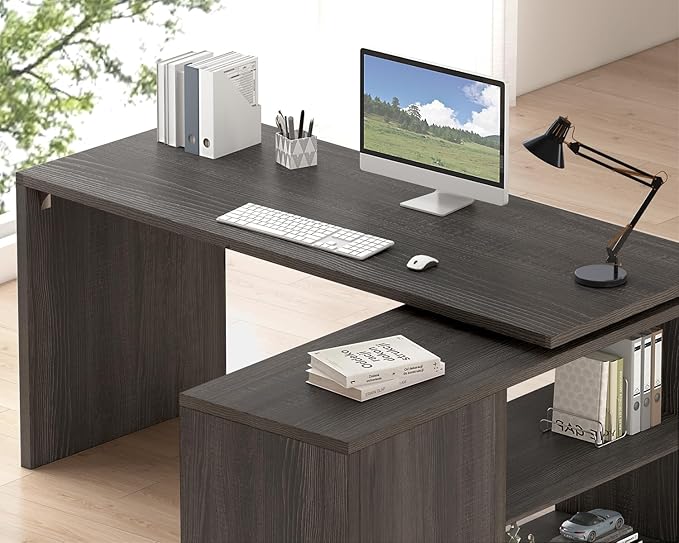HSH L Shaped Computer Desk, Rustic Wood Corner Desk, Industrial Writing Workstation Table with Cabinet Drawer Storage for Home Office Study, Grey 55 inch