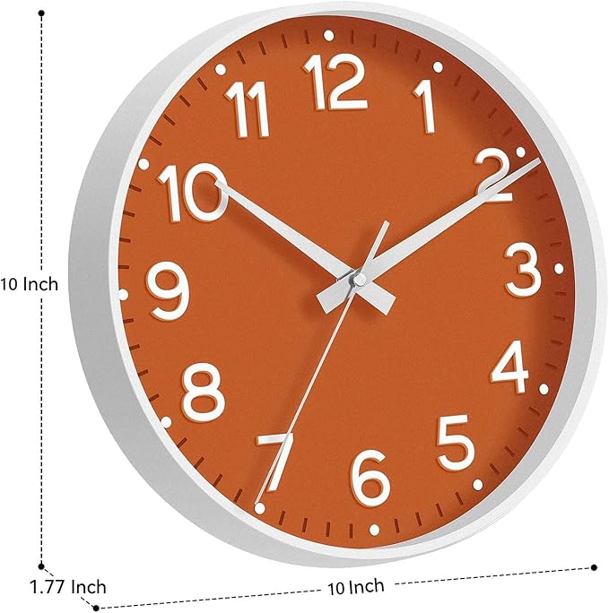 Wall Clock 10 Inch Silent Wall Clocks Battery Operated-Modern Non Ticking Analog Clock Decorative for Kitchen Bedroom Office Bathroom(Orange)