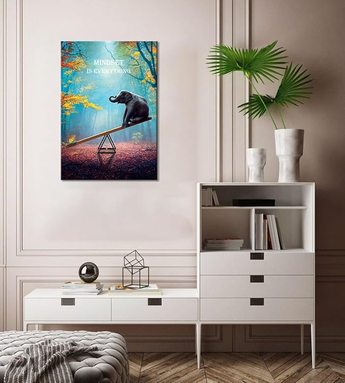 SKASNFAI Elephant Wall Art Mindset Motivation Office Wall Canvas Animals Poster Framed Artwork for Living room Ready to Hang (12x16 inch)