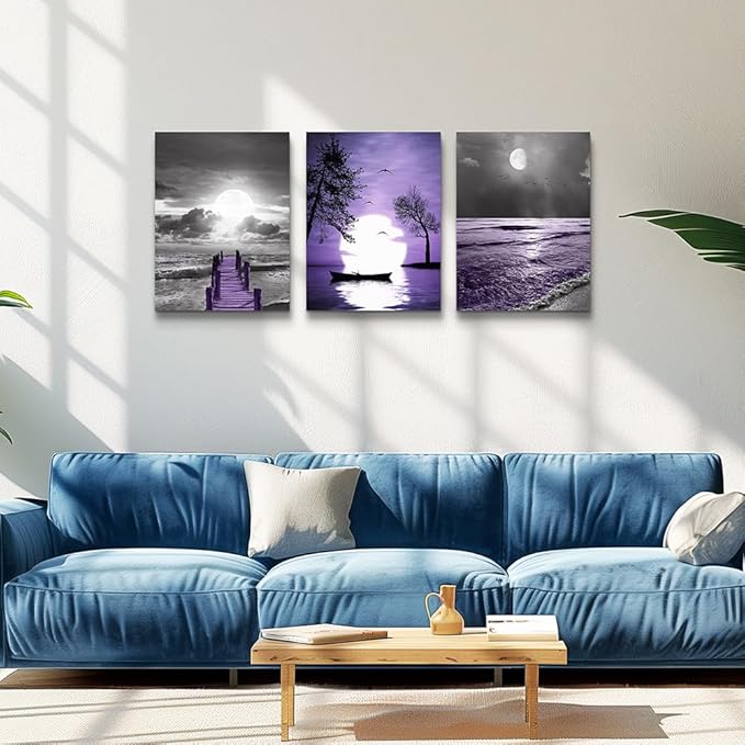 wall decorations for living room 3 Piece framed canvas wall art bathroom artwork for wall painting office bedroom wall decor Black and white ocean purple Landscape modern family Posters home decor