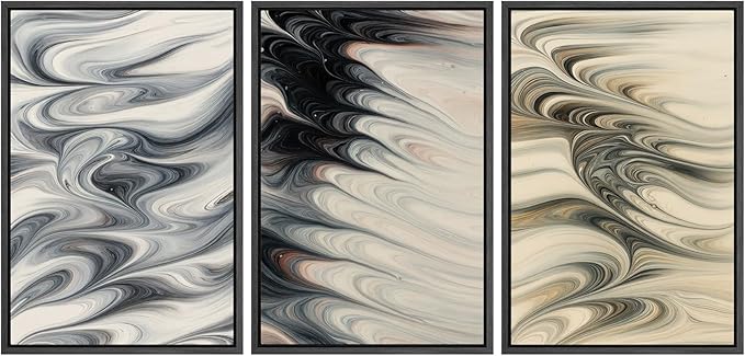 SIGNFORD Framed Wall Art Print Set Neutral Marble Swirl Abstract Elegant Fluid Pattern Digital Art Modern Art Contemporary for Living Room, Bedroom, Office - 16"x24"x3 BLACK