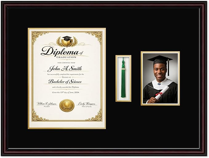 CountryArtHouse Diploma Tassel and Photo Shadowbox Fits 10 x 13 College Diploma (Portrait Traditional) Executive Brown Genuine Hardwood with Black Over Metallic Gold Double mat