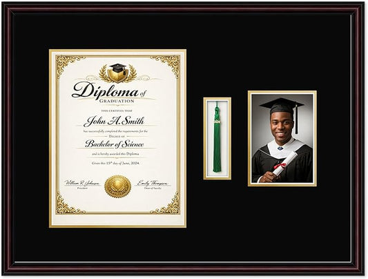 CountryArtHouse Diploma Tassel and Photo Shadowbox Fits 10 x 13 College Diploma (Portrait Traditional) Executive Brown Genuine Hardwood with Black Over Metallic Gold Double mat