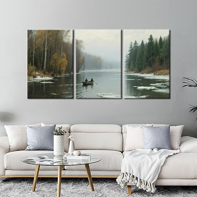 Mountain Scenery Wall Art Boat and River Landscape Canvas Poster Print Winter Natural Vintage Picture Painting Wooden Framed for Modern Home Hotel Wall Decoration Stretched and Framed [72''Wx36''H]