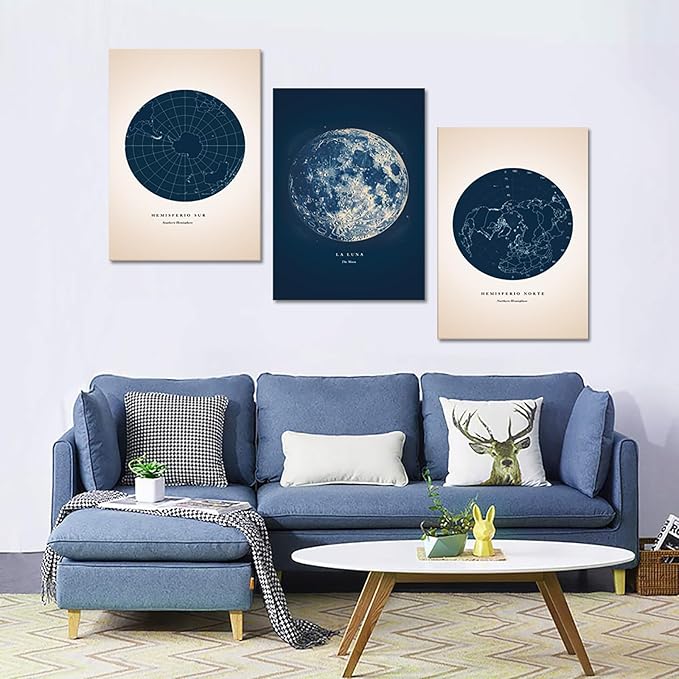 Canvas Wall Art Set Of 3 - Navy Blue Astronomy Prints Star Map Painting Constellation Poster Moon Picture Wall Decor Star Map Artwork for Bedroom Living Room Home Office Decor, Framed 20"x28"x3Pcs