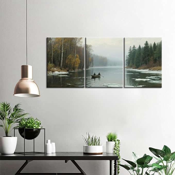 Mountain Landscape Canvas Wall Art Nature and Forest Posters Print Boat and River Scenery Picture Painting for Modern Home Kitchen Bedroom Office Hotel Decoration Artwork Ready to Hang [36''W x 16''H]