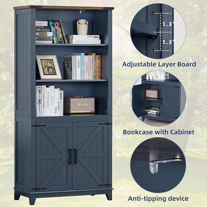 70in Tall Bookshelf 5 Tier Bookcase with Barn Doors and Adjustable Shelves, Blue Farmhouse Book Shelf with Storage Cabinet, Wood Freestanding Display Bookshelves for Bedroom, Living Room | Bookcase, Barn Doors, Adjustable Shelves, Book Shelf, Storage C...