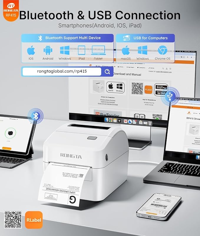 Rongta Bluetooth Shipping Label Printer RP415, Wireless 4x6 Thermal Label Printer for Shipping Packages, Small Business, Home, Office, Compatible with Amazon, Etsy, USPS, Shopify