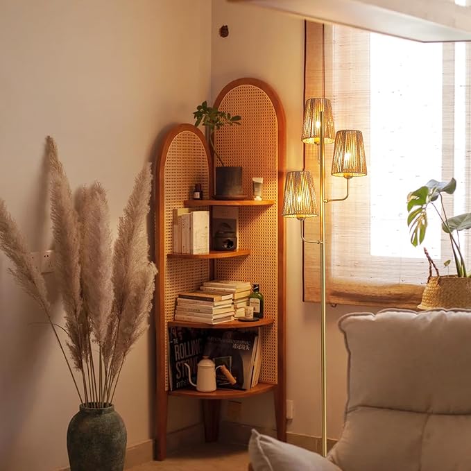 Boho Floor Lamp for Living Room:3 Light Rattan Floor Lamp for Bedroom, Gold Standing Lamp with Foot Switch, Coastal Rustic Tall Lamp, No Bulb