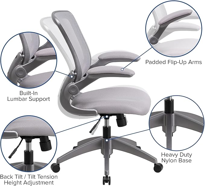 Flash Furniture Kale Mid-Back Gray Mesh Swivel Ergonomic Task Office Chair with Gray Frame and Flip-Up Arms
