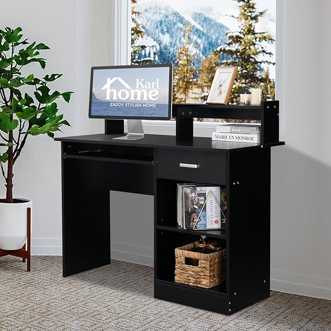 Karl home Computer Desk Study Writing Desk, PC Laptop Table Wooden Home Office Workstation with Drawer Shelf Keyboard Tray, Black