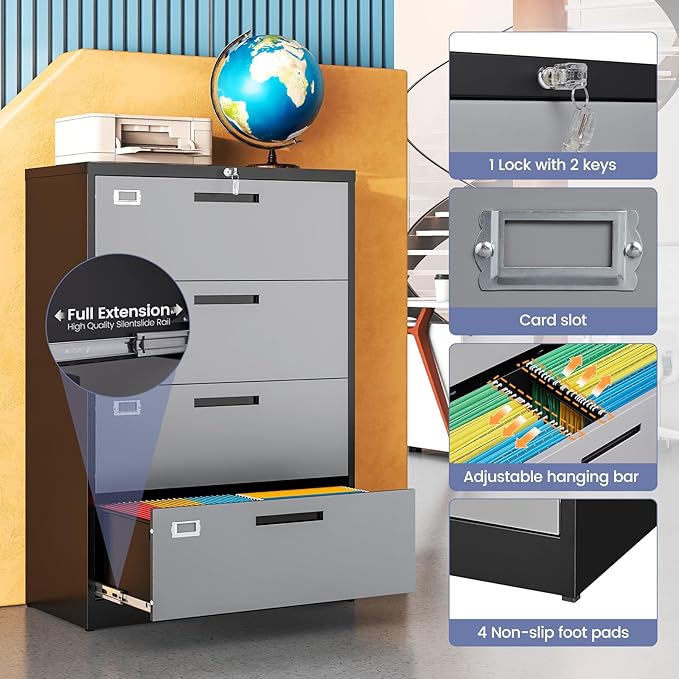 4 Drawer File Cabinet, Locking Lateral Filing Cabinet for Home Office, File Cabinets with Business Card Holder for Letter/Legal/F4/A4 Hanging Files