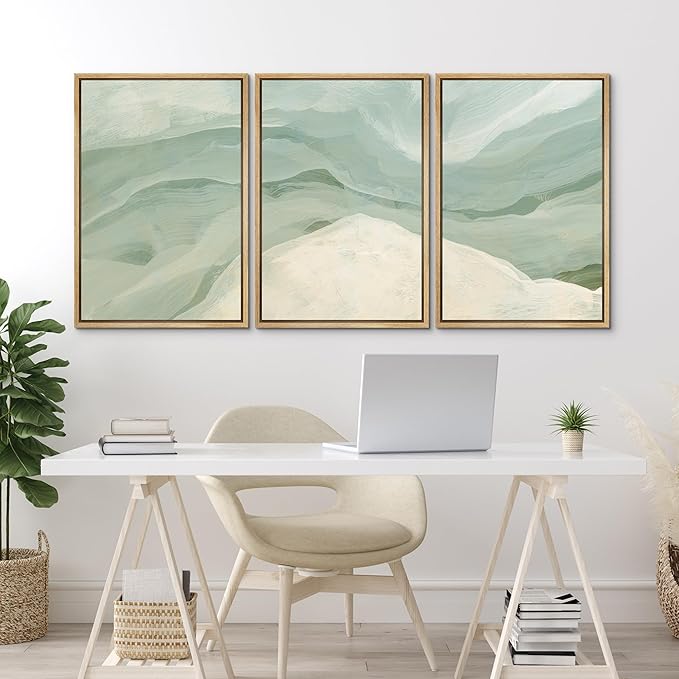 MUDECOR Framed Wall Art Print Set Pastel Waves Blue and White Tones Illustrations Modern Art Boho Decorative Colorful Chic for Living Room, Bedroom, Office - 24"x36"x3 Natural