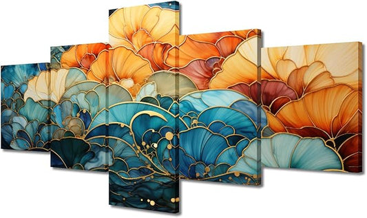 Flower Canvas Wall Art Decor Modern 5 Panel Canvas Artwork Abstract Canvas Wall Art Printing Blue and Orange Colors Poster for Living Room Wall Decor Stretched and Framed Ready to Hang 50x24 in