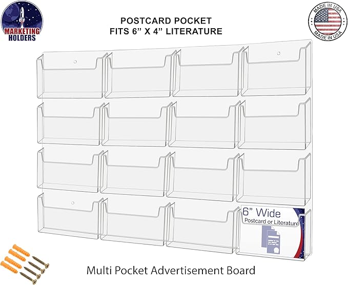 Marketing Holders Post Card Holder Acrylic 16 Pockets Holds 6" Printed Media Hanging Hardware Included Use at Real Estate Offices Hotels Resorts Convention Centers Hotels Eye Catching Clear